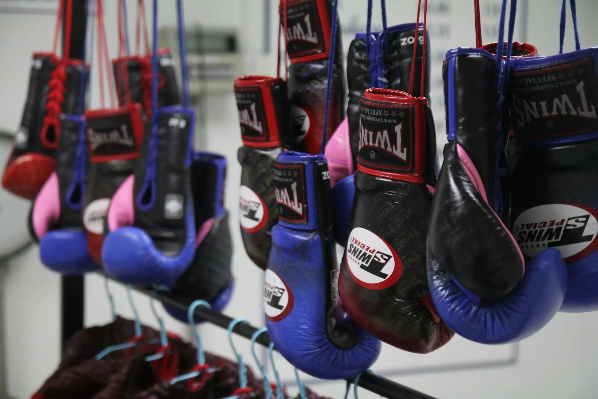 Rows of Muay Thai gloves hanging in a gym