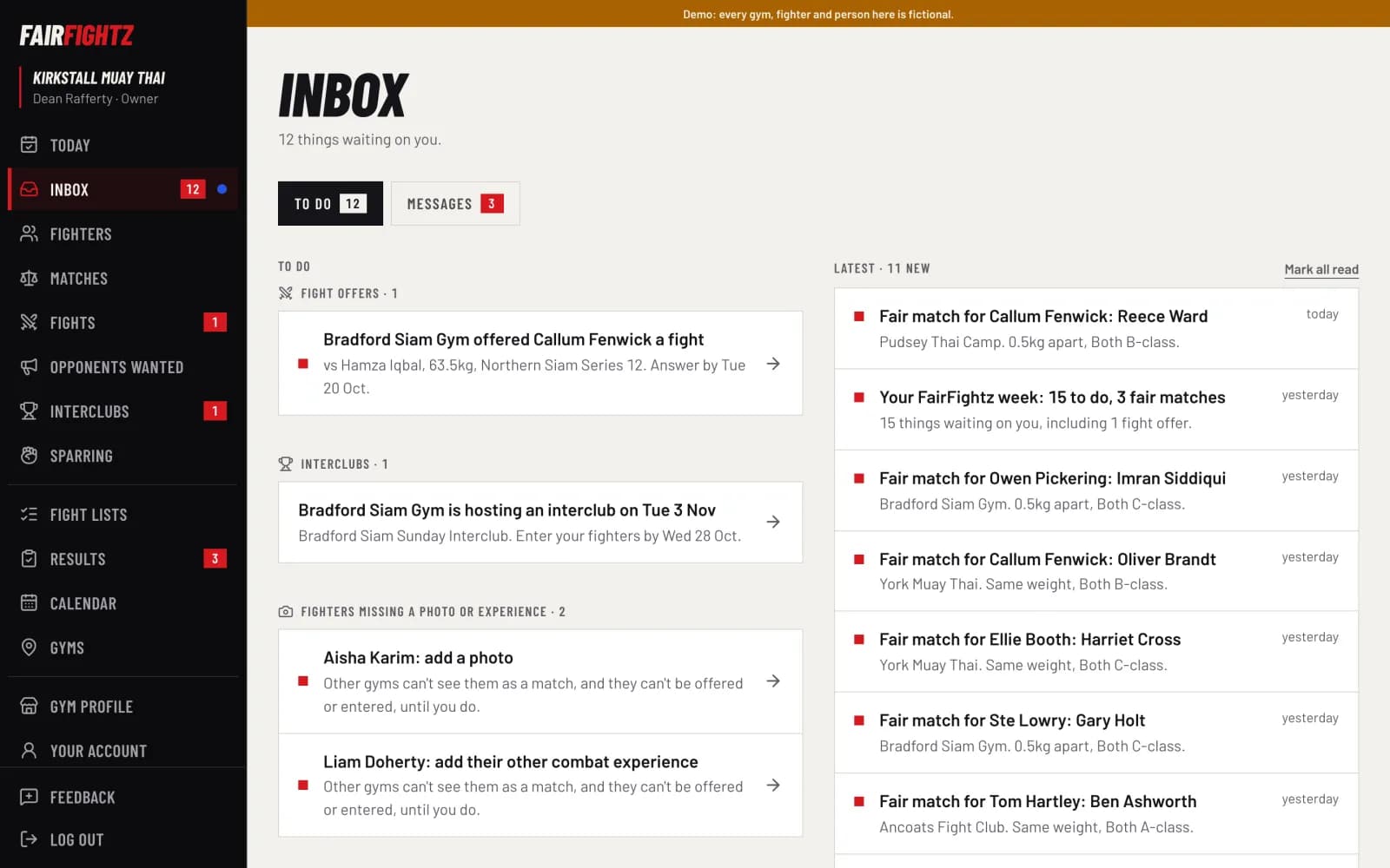 FairFightz screen. Inbox: offers, requests and messages.