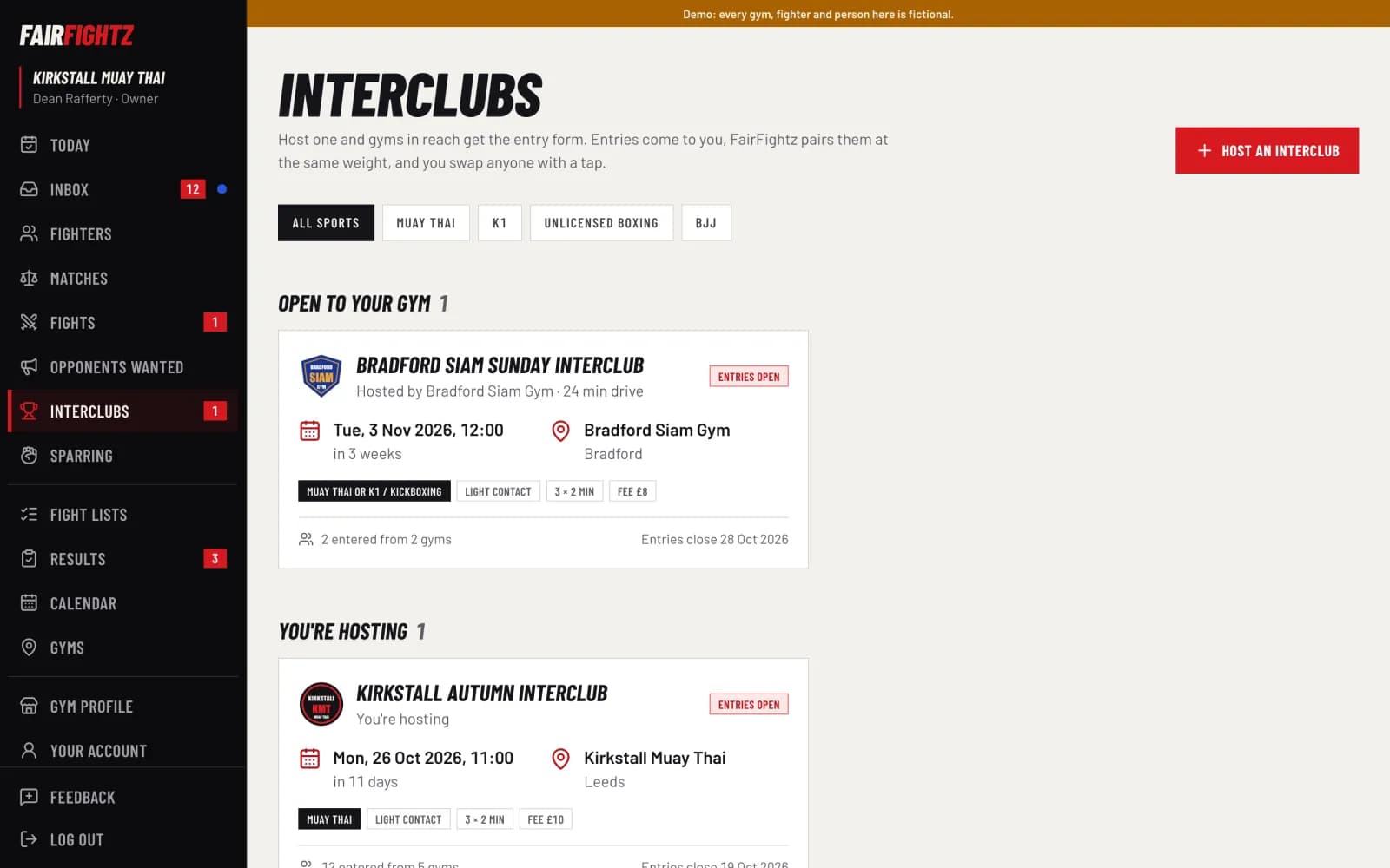 FairFightz screen. Interclubs: entries, fair pairs, weights and the card in one place.