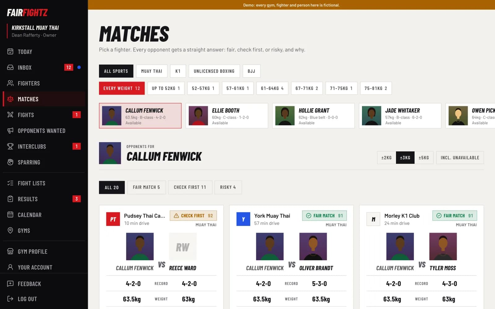 FairFightz Matchmaking screen, from the fictional demo gym