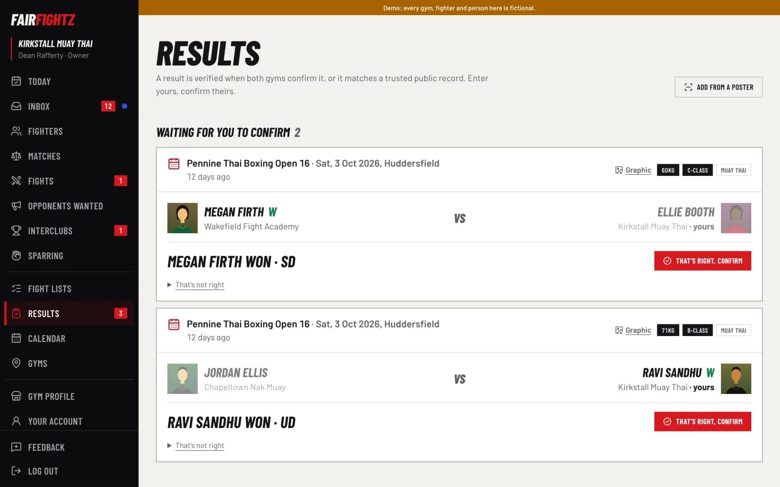 FairFightz screen. Results: each gym says how it went, confirmed when they agree.