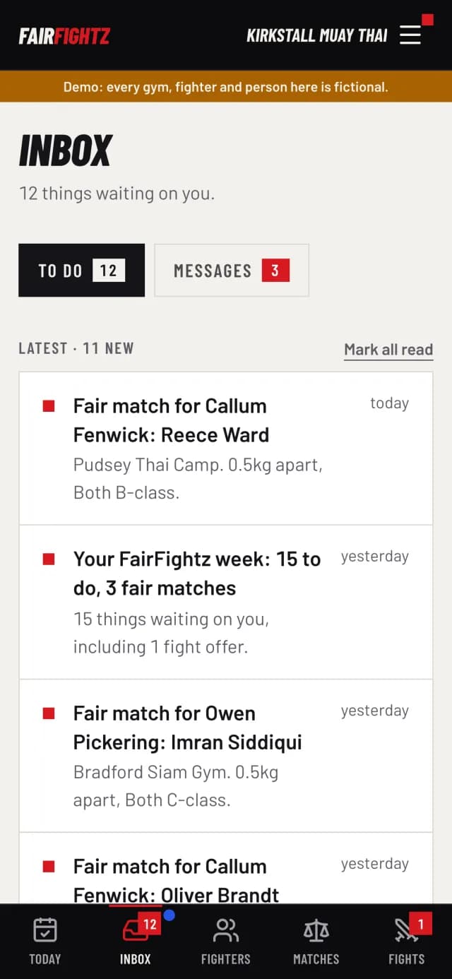 FairFightz on a phone. Inbox: offers, requests and messages.